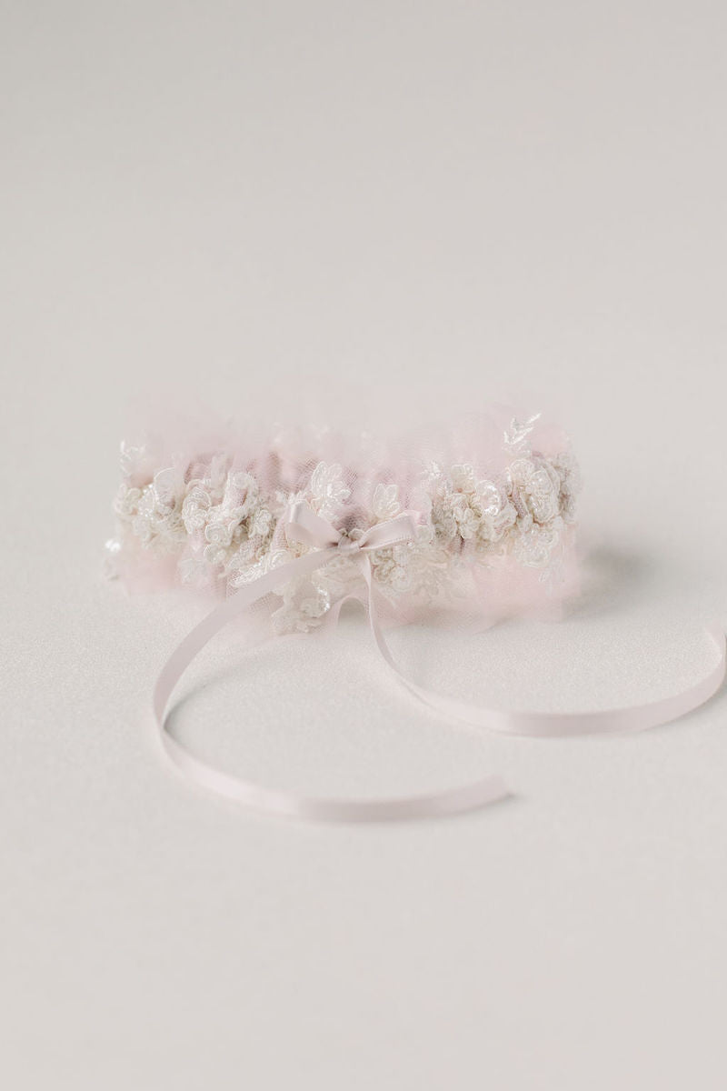 blush tulle and sparkle lace wedding garter set heirloom from The Garter Girl