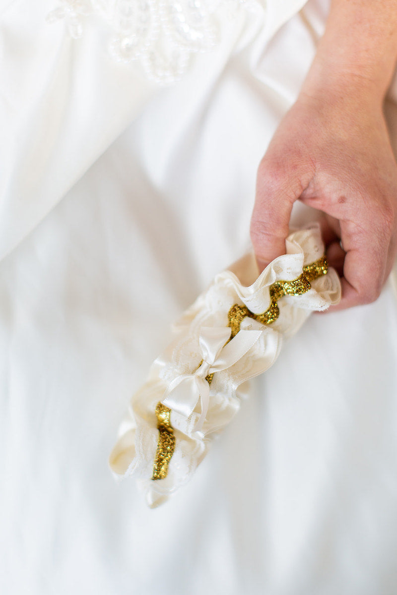 custom bridal garter with ivory satin and lace