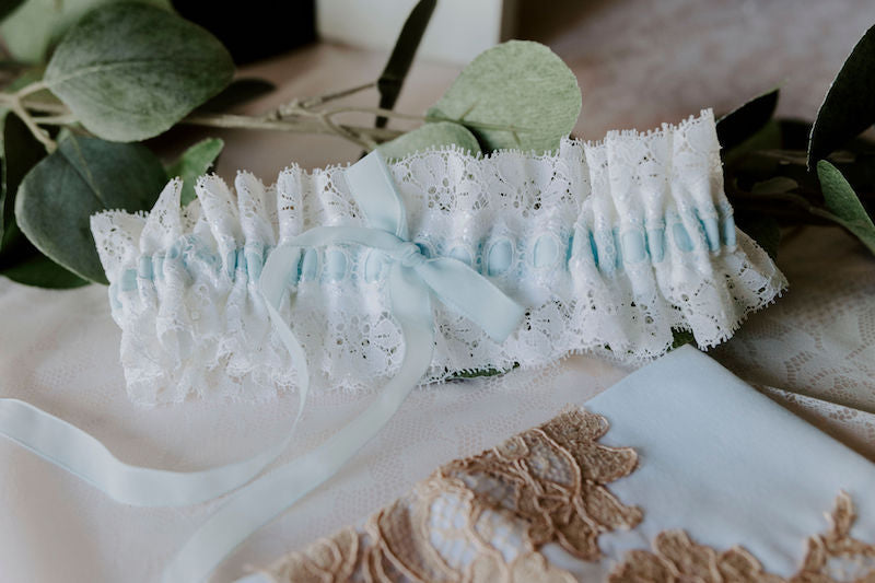 Handmade Wedding Garter with White Lace and Blue Ribbon