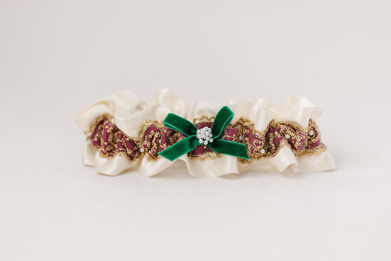 holiday themed wedding garter set with gold lace, pearls and velvet from The Garter Girl