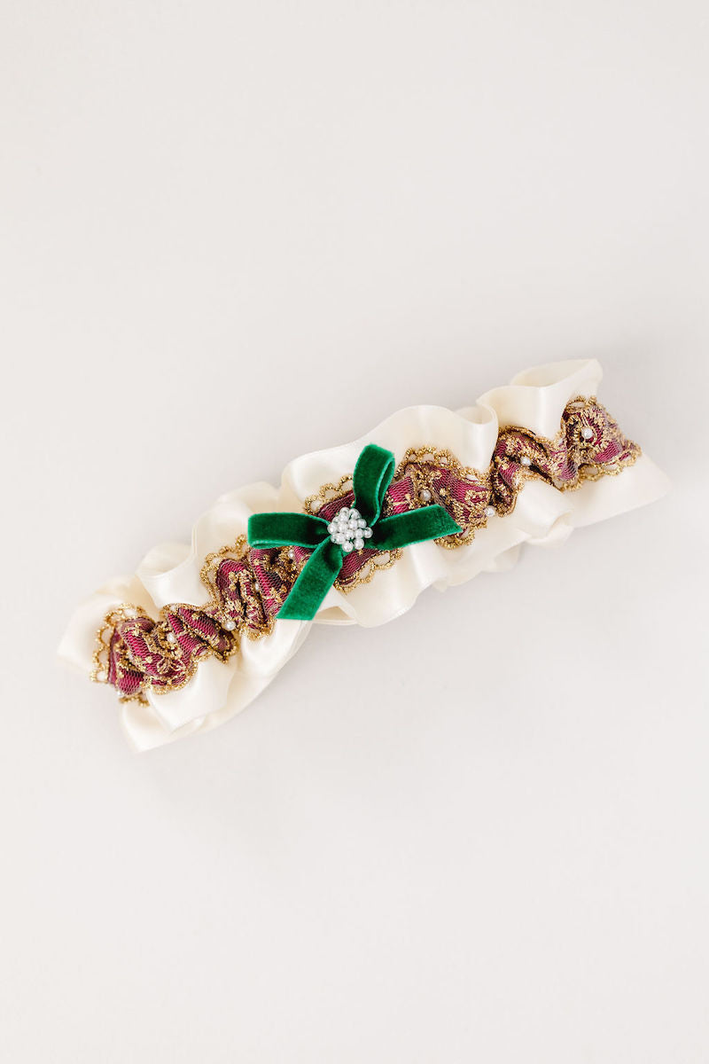 holiday themed wedding garter set with gold lace, pearls and velvet from The Garter Girl