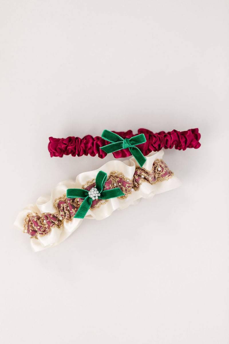 holiday themed wedding garter set with gold lace, pearls and velvet from The Garter Girl