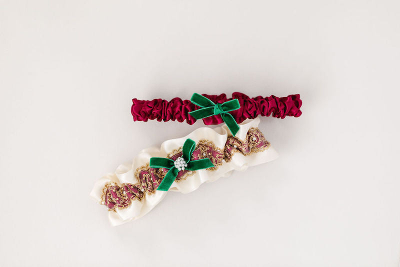 holiday themed wedding garter set with gold lace, pearls and velvet from The Garter Girl