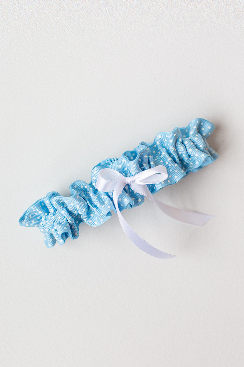 something blue wedding garter with white swiss dots