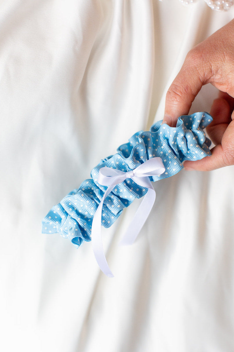 something blue wedding garter with white swiss dots