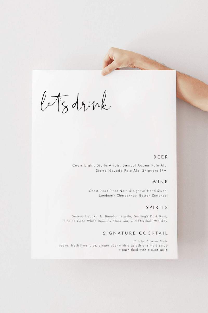 wedding bar menu printable
