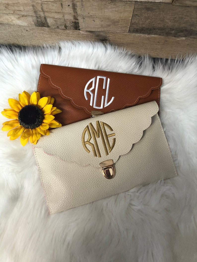 monogrammed scalloped envelope clutch bridal rehearsal dinner outfit accessory 