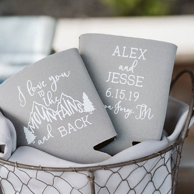 Mountains Destination Wedding Can Coolers