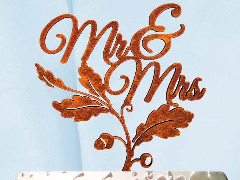 Mrs. and Mrs. Fall Leaf Wedding Cake Topper