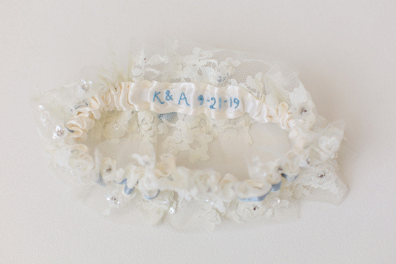personalized bridal garter made from sparkle wedding dress lace