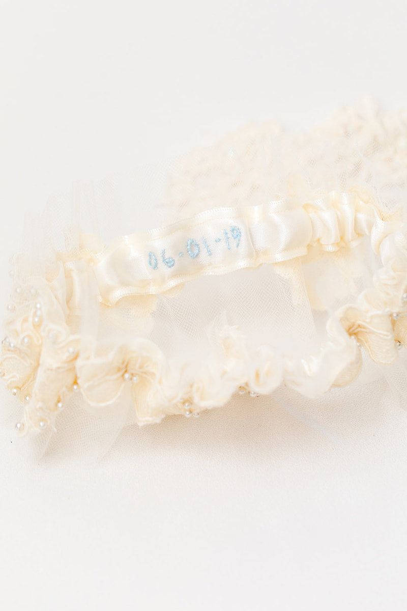 personalized garter made with mother's wedding dress