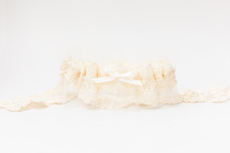 personalized garter made with mother's wedding dress