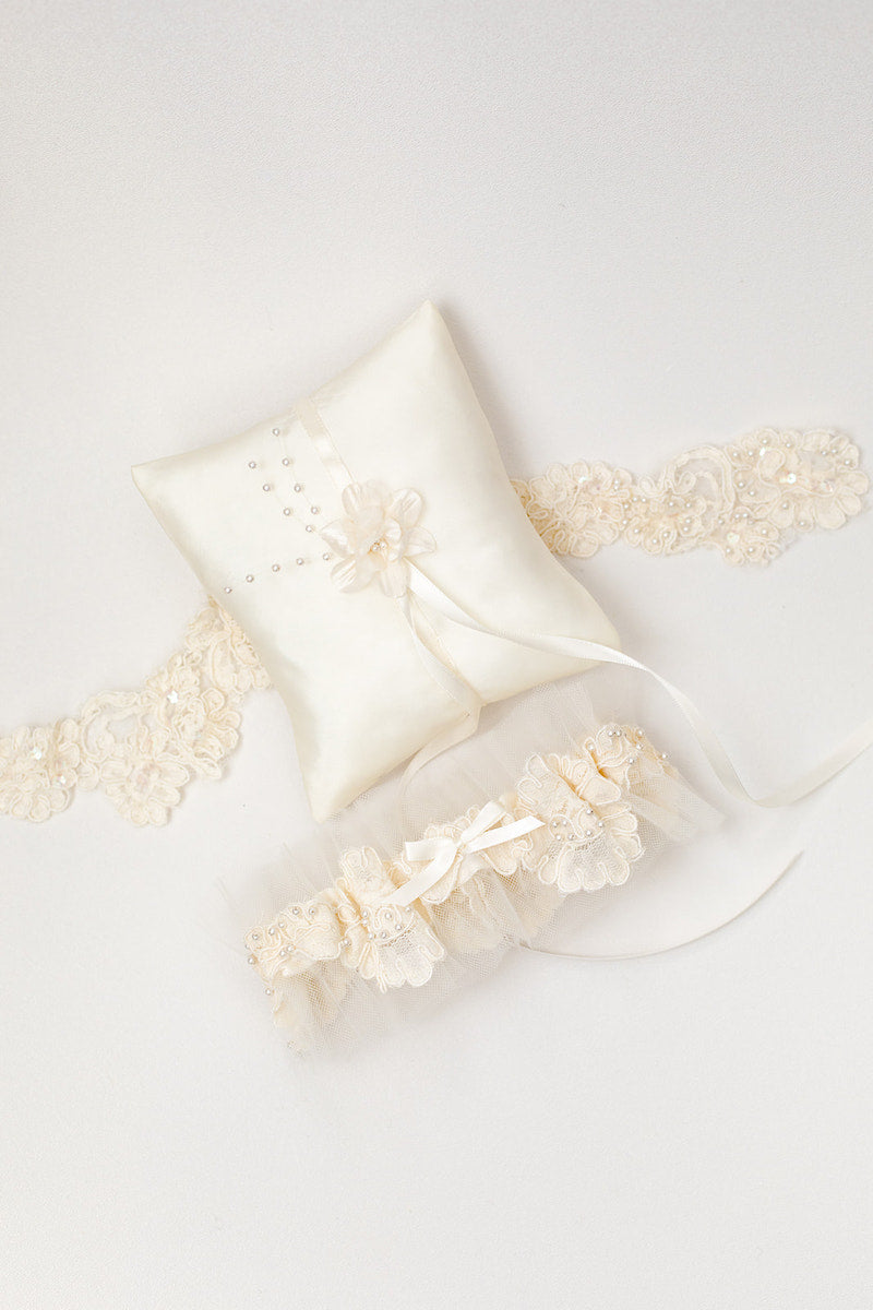 personalized garter and ring pillow made with mother's wedding dress