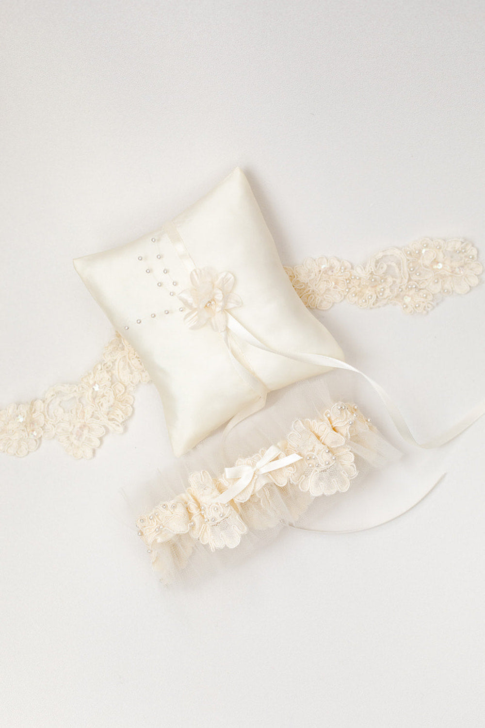 custom wedding garter heirloom and ring pillow made from mother's wedding dress by The Garter Girl