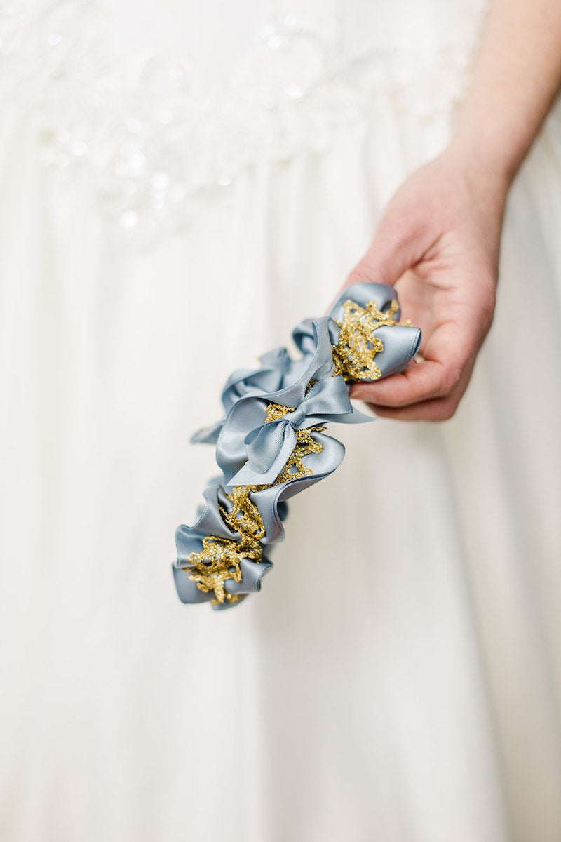 personalized garter dusty blue and gold lace