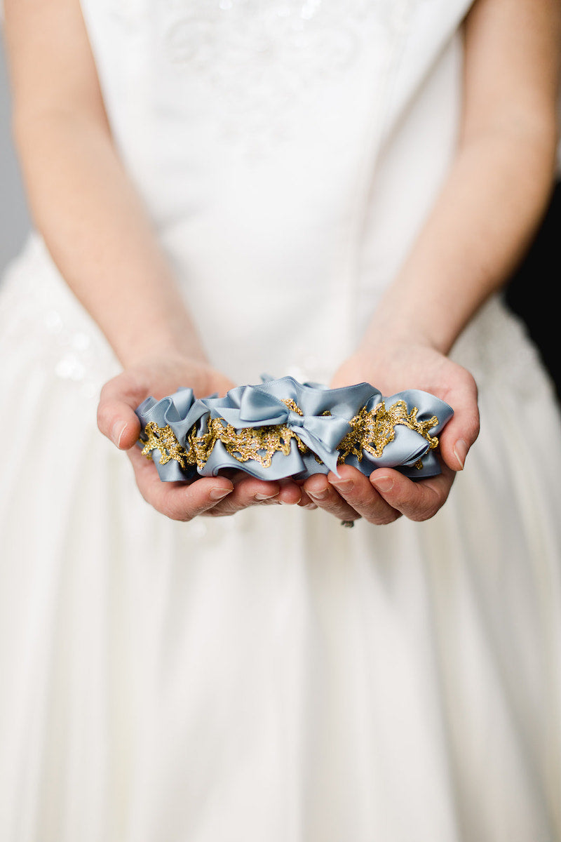 personalized garter dusty blue and gold lace