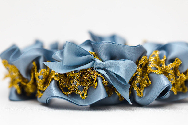 personalized garter dusty blue and gold lace