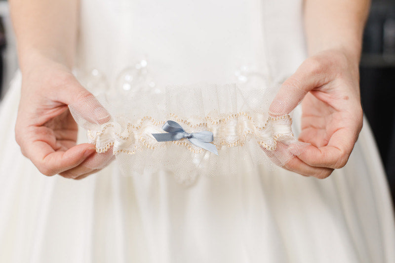 personalized garter with gold lace and tulle and dusty