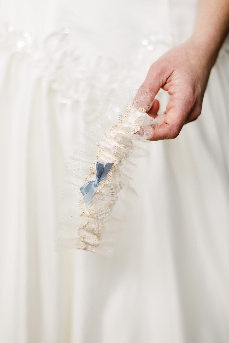 personalized garter with gold lace and tulle and dusty