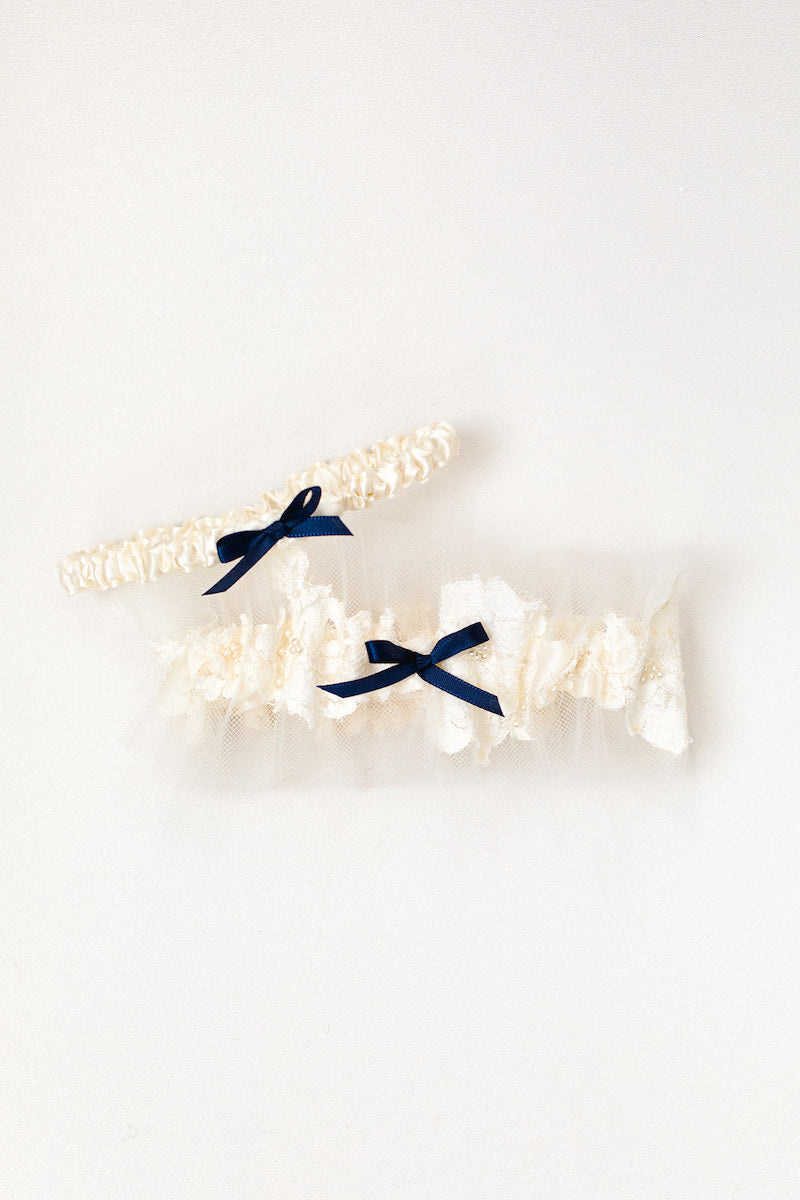 personalized garter set made from grandmother's veil with navy blue