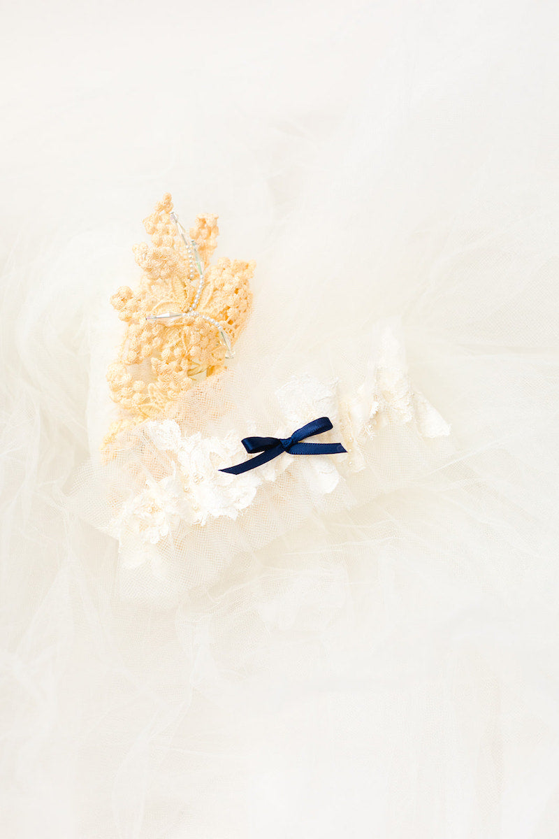 personalized garter set made from grandmother's veil with navy blue