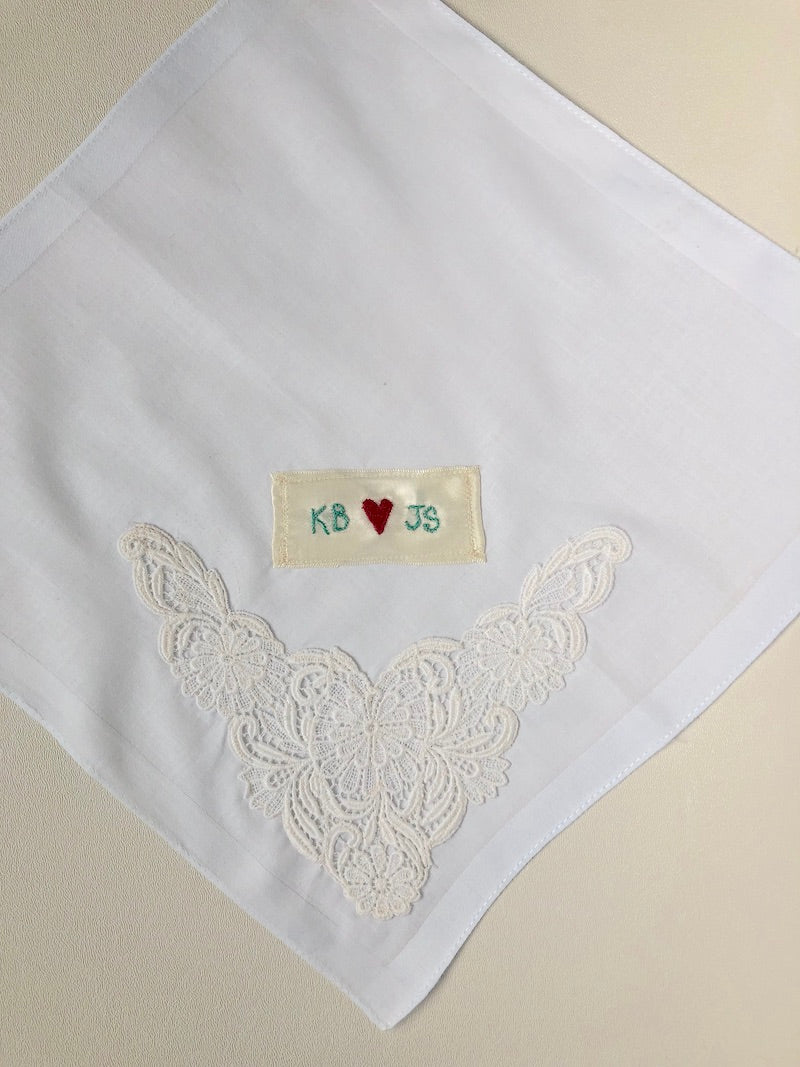 personalized wedding handkerchief with lace and embroidery