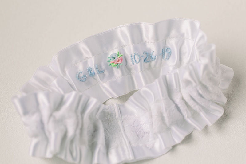 white satin and lace wedding garter handmade from baby bonnet by The Garter Girl