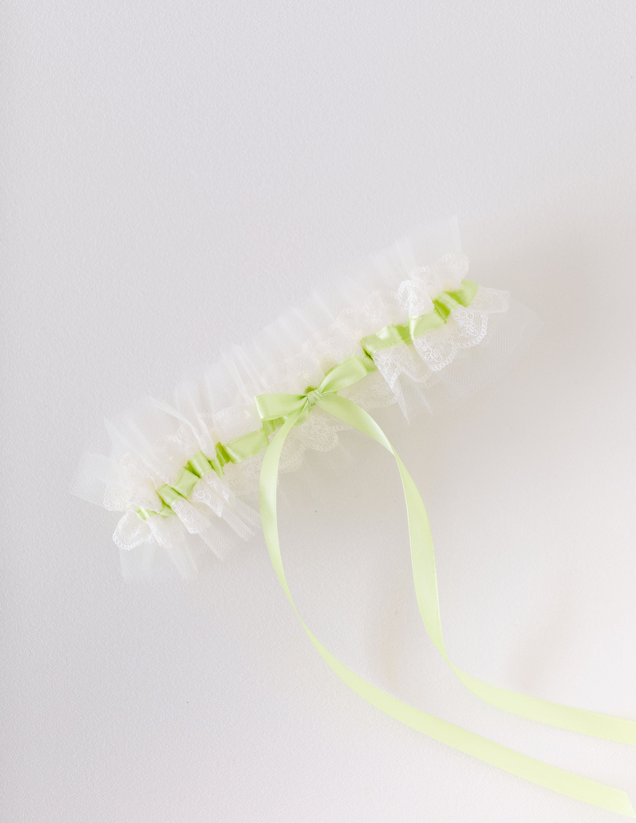 custom wedding garter with pistachio satin, ivory lace & tulle personalized by The Garter Girl