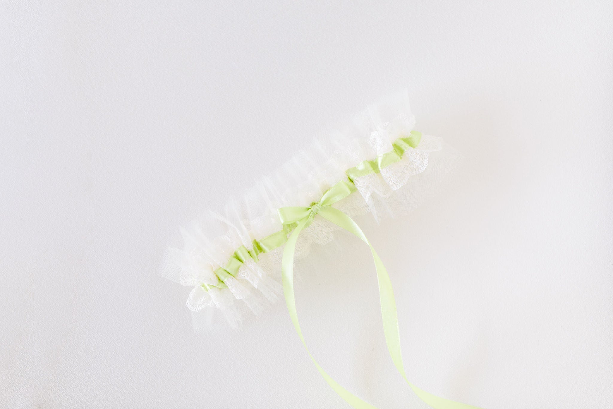 custom wedding garter with pistachio satin, ivory lace & tulle personalized by The Garter Girl