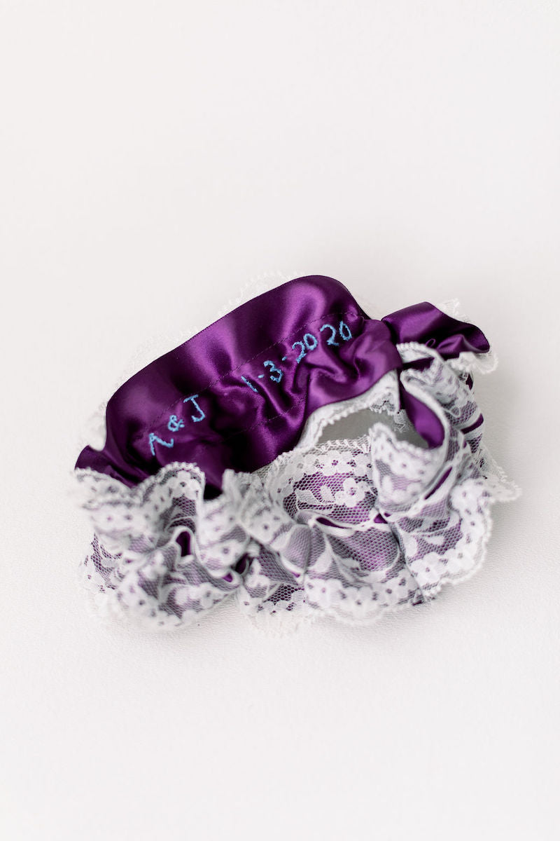 purple wedding garter with ivory lace from The Garter Girl