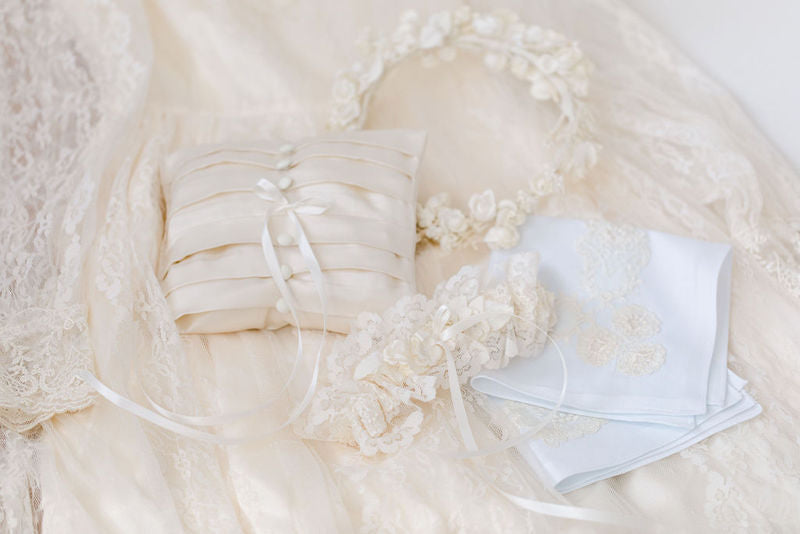 custom wedding dress heirloom garter, pillow and hanky