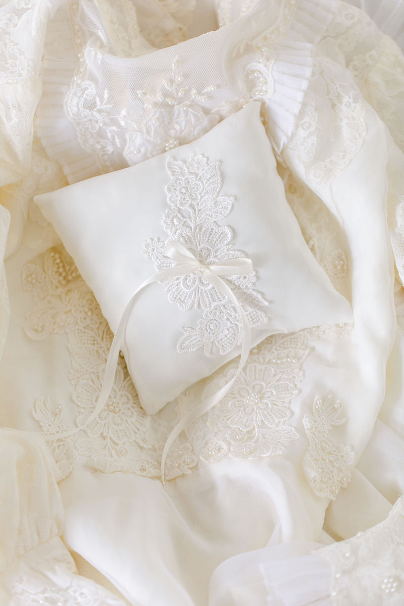 ring pillow made from lace vintage wedding dress by The Garter Girl