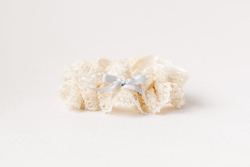 custom wedding garter with cotton lace and silver sparkle