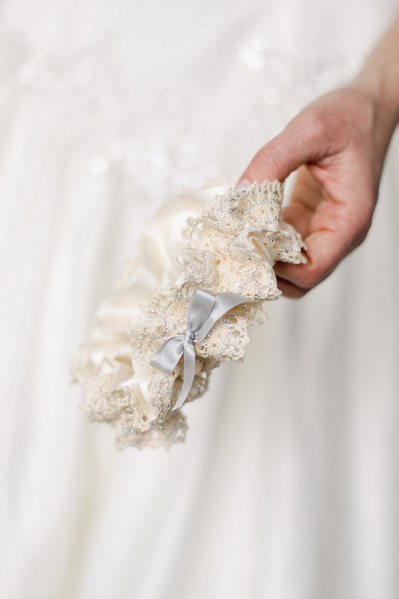 custom wedding garter with cotton lace and silver sparkle