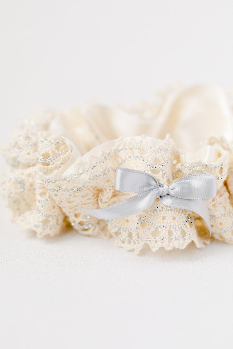 custom wedding garter with cotton lace and silver sparkle