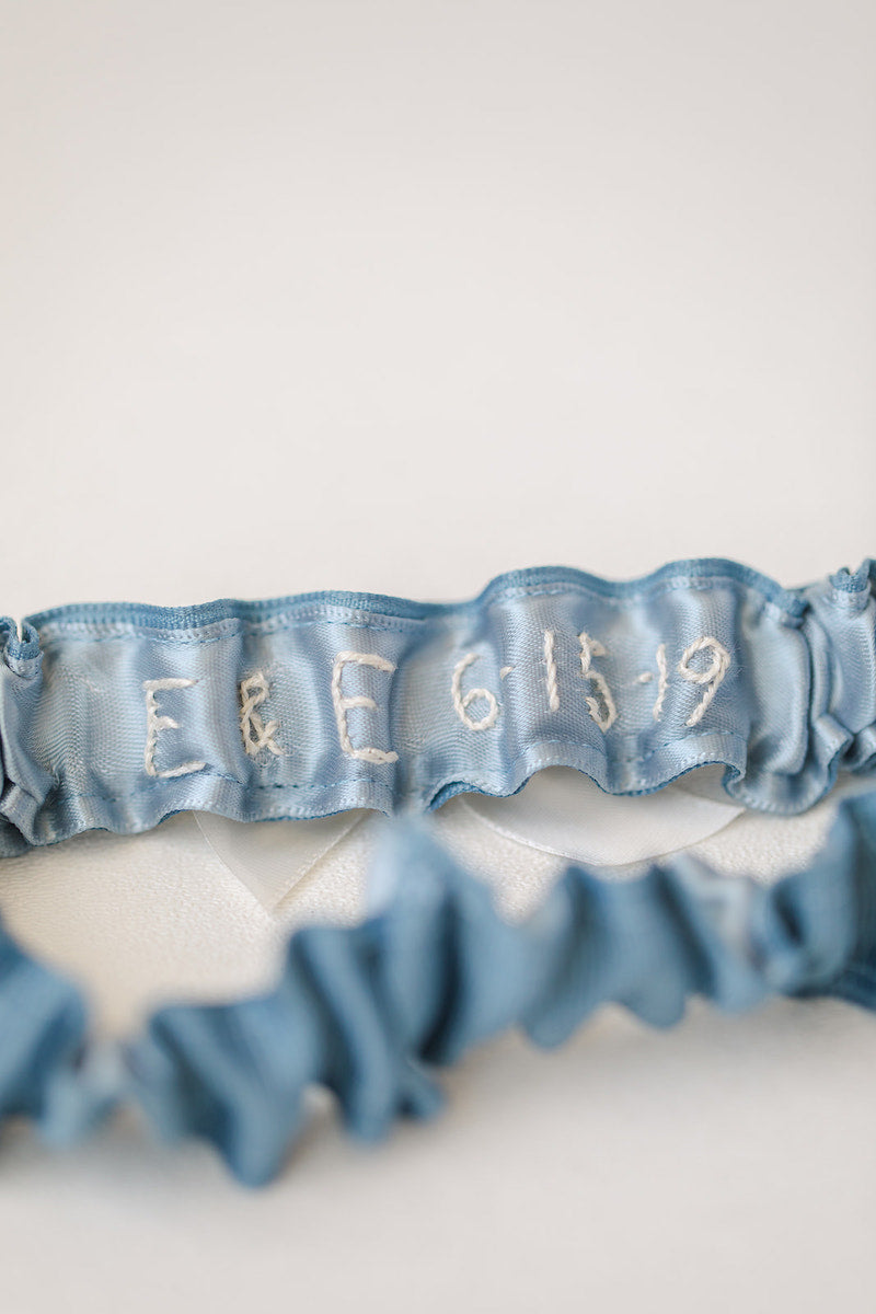 simple something blue garter with personalized embroidery