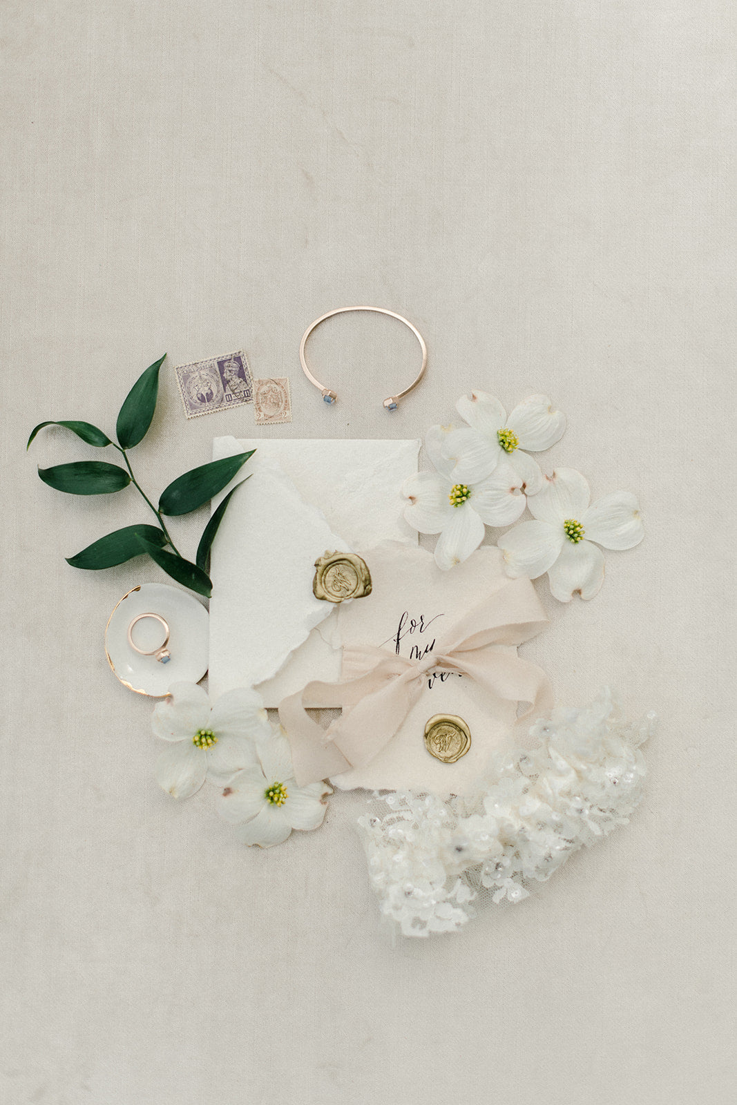 Bridal Session Invitations and Garter Flat Lay