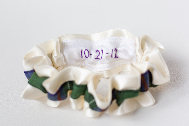 tartan plaid custom bridal garter with personalized patch made from sisters wedding dress