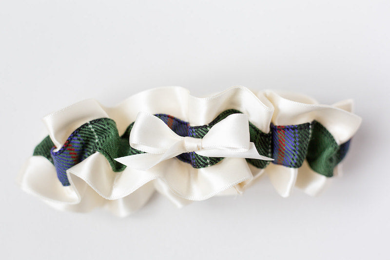tartan plaid custom bridal garter with personalized patch made from sisters wedding dress