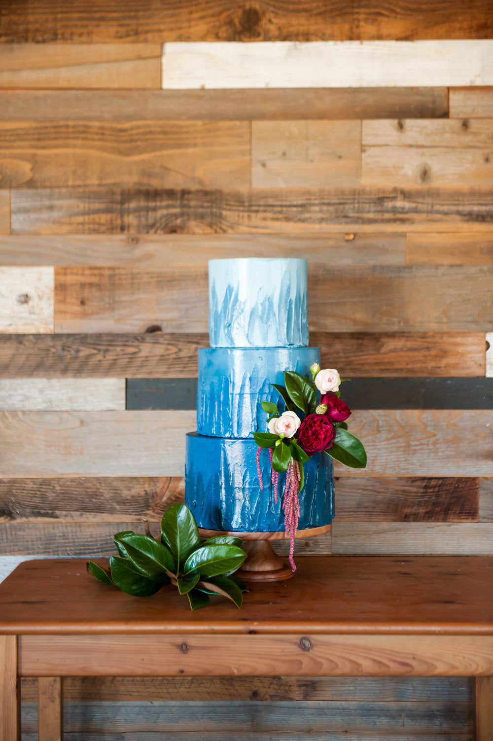 blue ombre wedding cake - tips for working from home and planning wedding from The Garter Girl