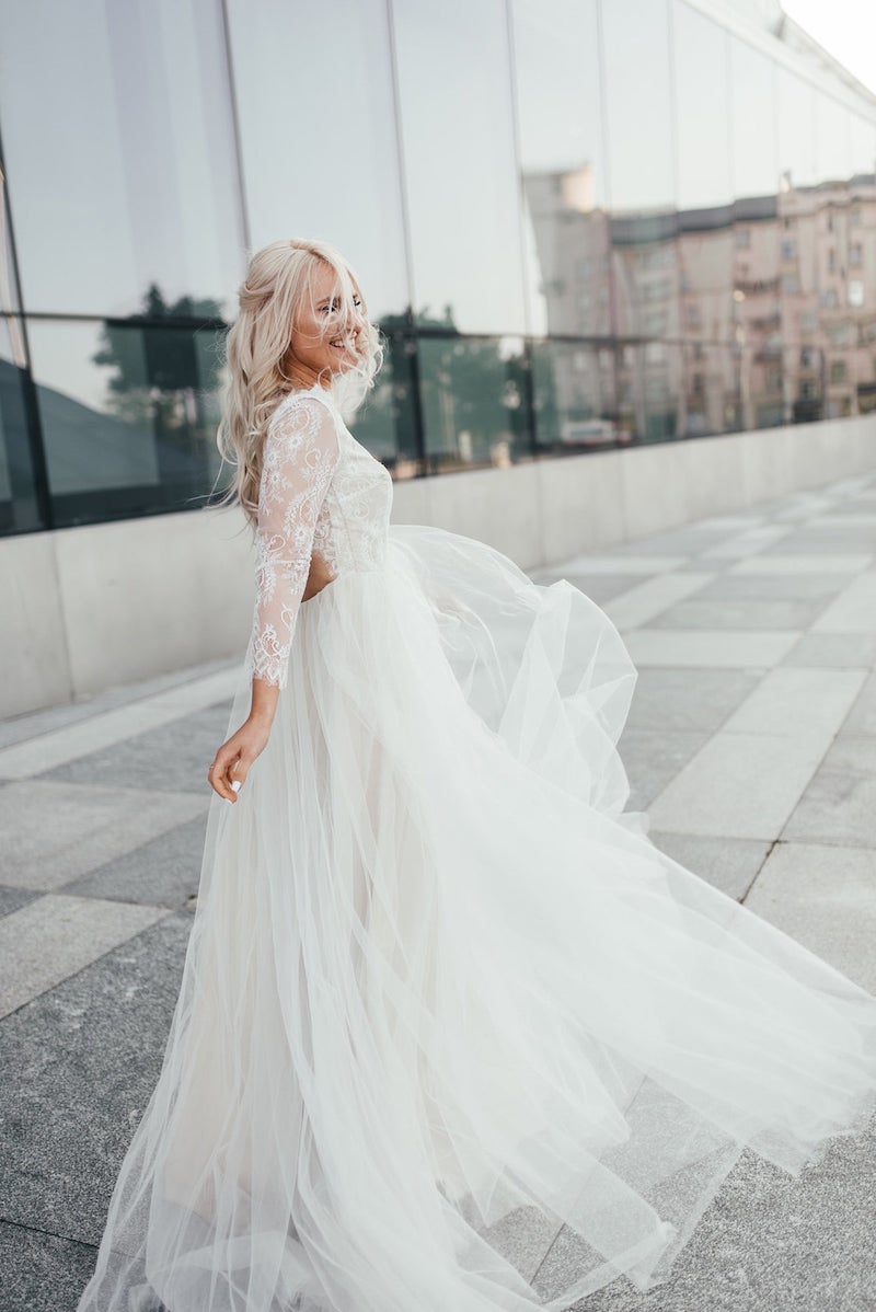 Tulle and Lace Sleeve Wedding Dress