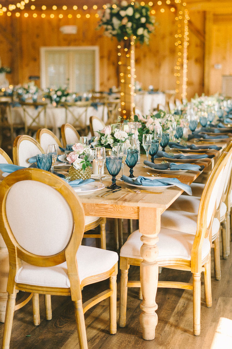 Vintage Blue Glass Table Settings Barn Wedding