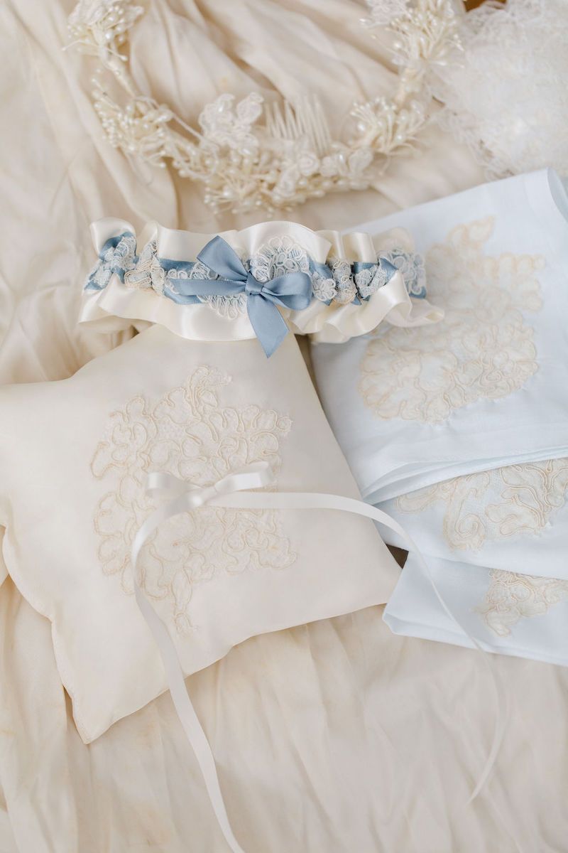 custom family heirloom wedding garter, ring pillow and handkerchiefs