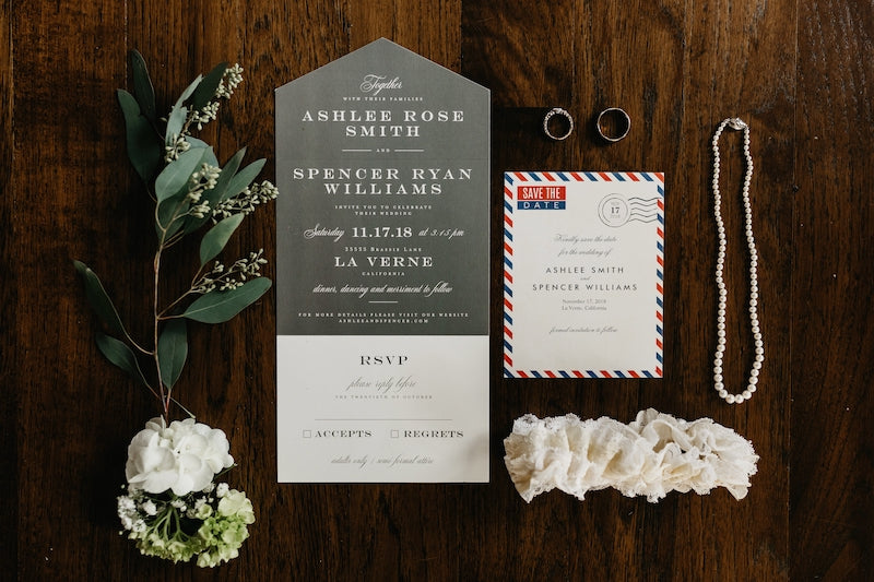 wedding invitations and family heirloom garter