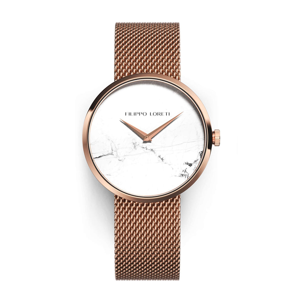 Essence Rose Gold White Marble Mesh water-resistant watch from Filippo Loreti