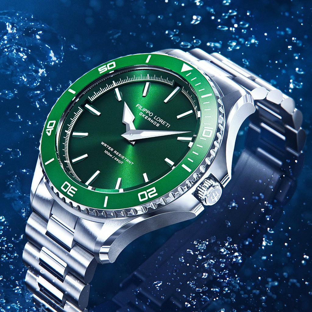 Okeanos green steel link timepiece watch