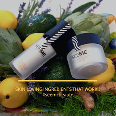 SeeMe Serum and Cream in front of natural artichokes and lemons