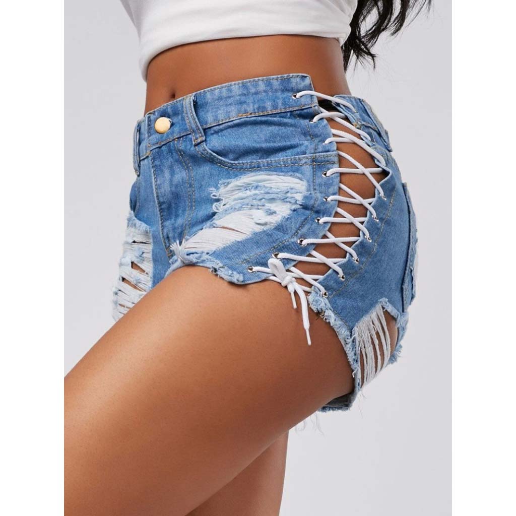 Lace-up Ripped Denim Shorts | Sexy 