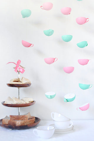 Tea Cup Garland party decor for teatime birthday party