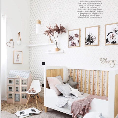 Beautiful article in July 2018 Home Beautiful featuring our Bonne Mere mist cot quilt set